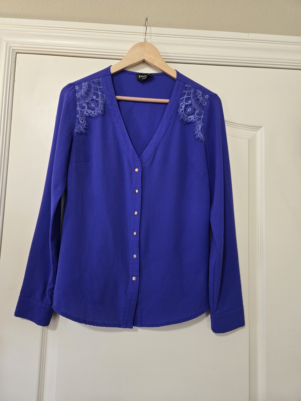 bebe Royal Blue Lace-Shoulder Button Down Blouse